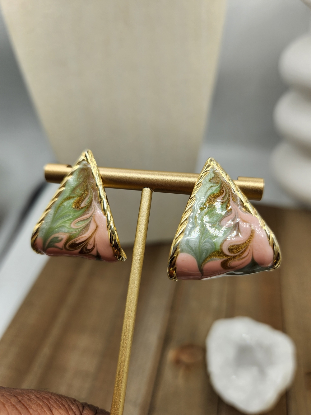 Vintage 80s Pink & Green Swirl Triangle Earrings • Fold Under • Pierced
